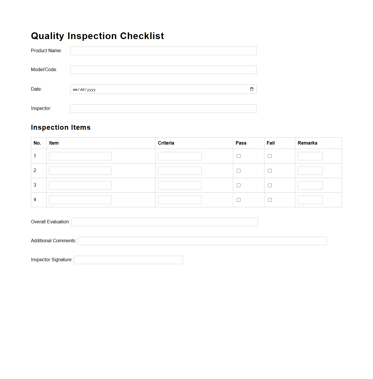 Quality Inspection Checklist for Product Evaluation