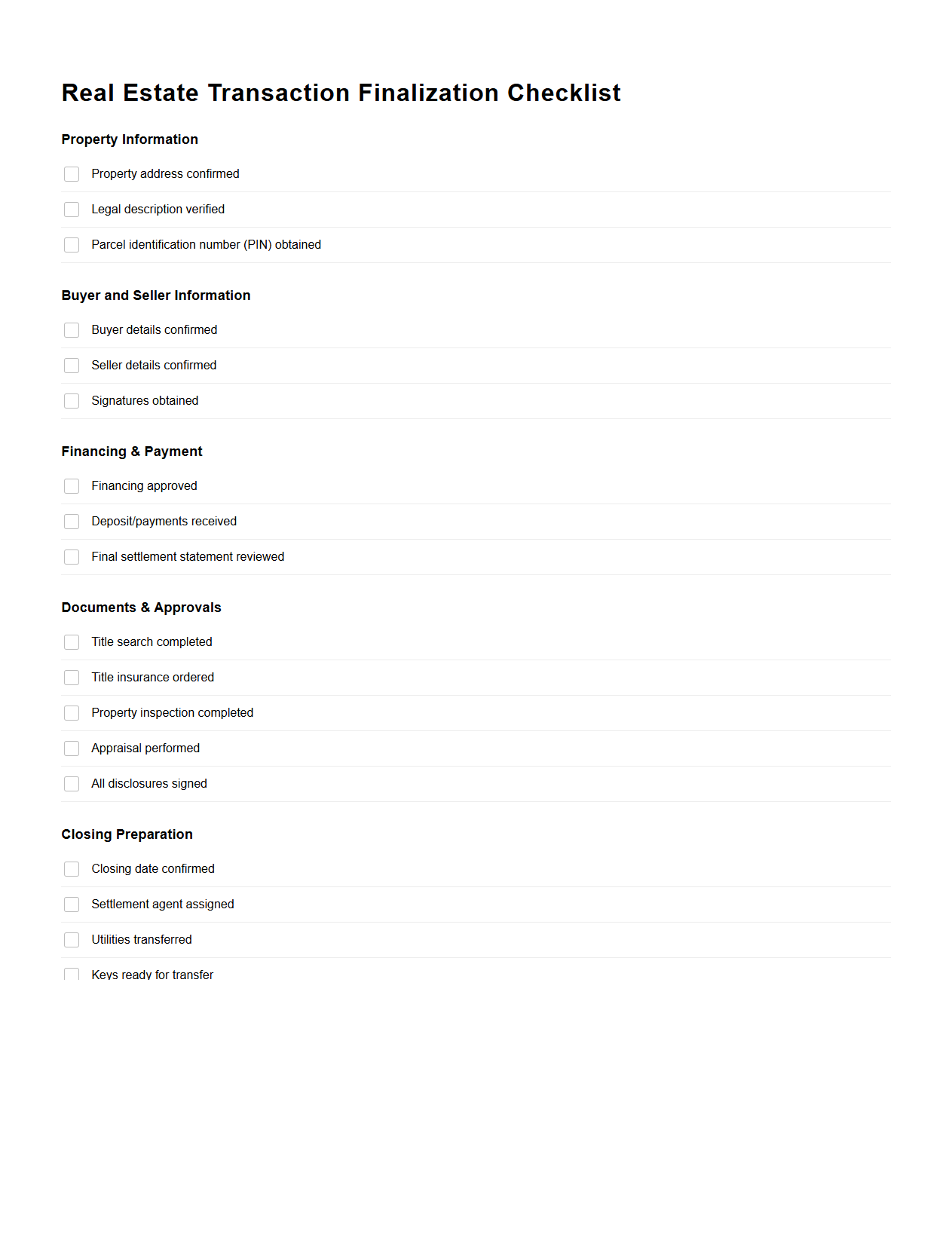 Real Estate Transaction Finalization Checklist Template