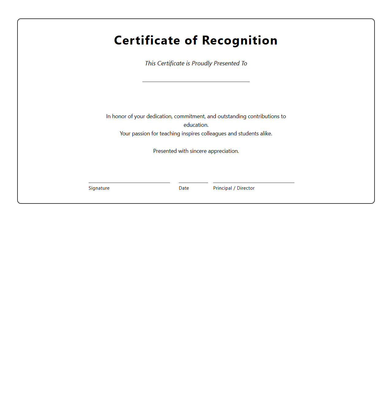 Recognition Certificate Template for Educators