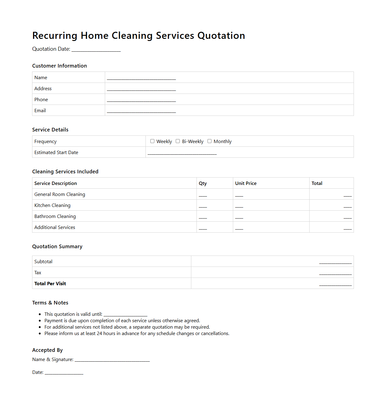 Recurring Home Cleaning Services Quotation Template