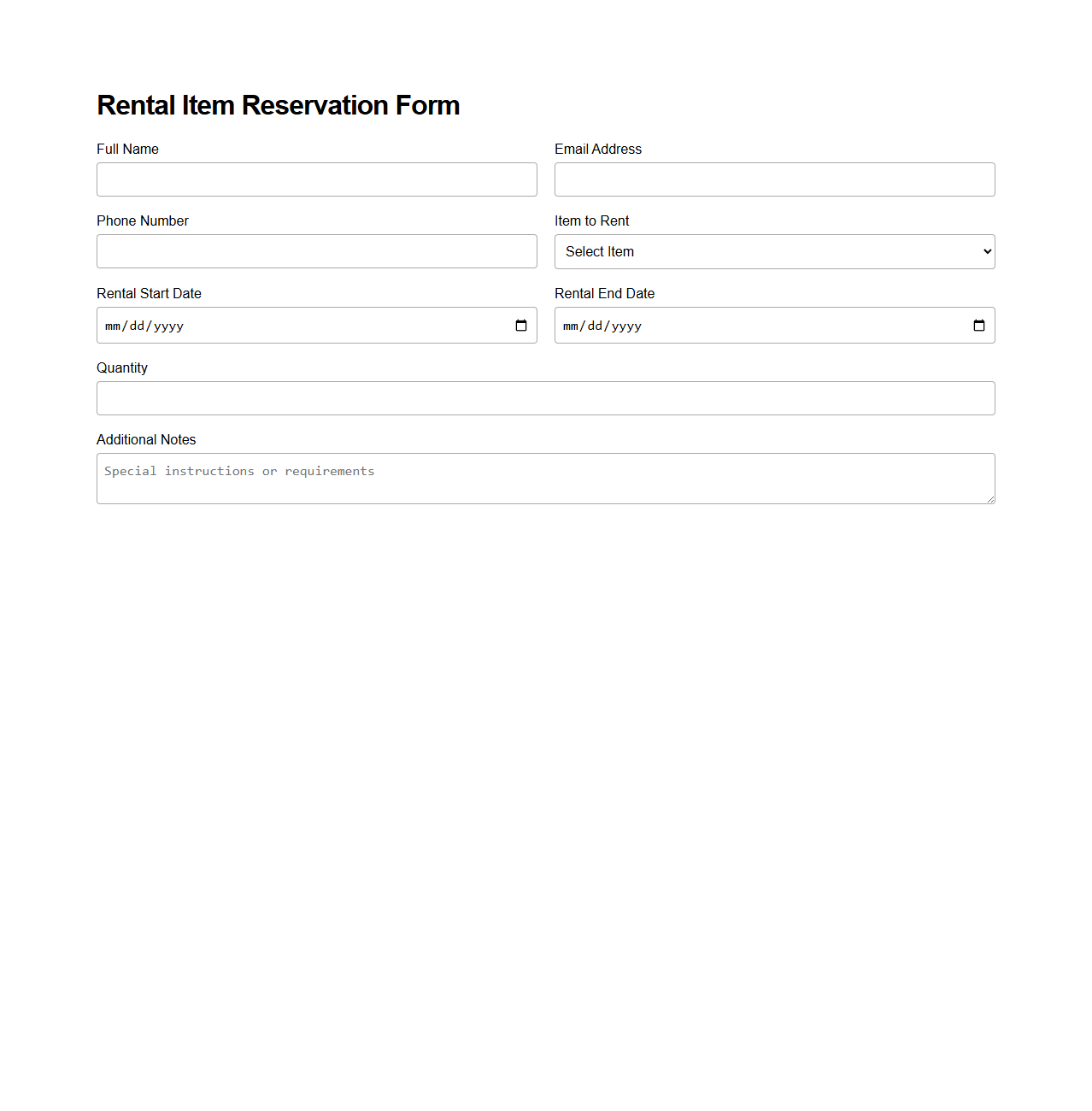 Rental Item Reservation Form Template