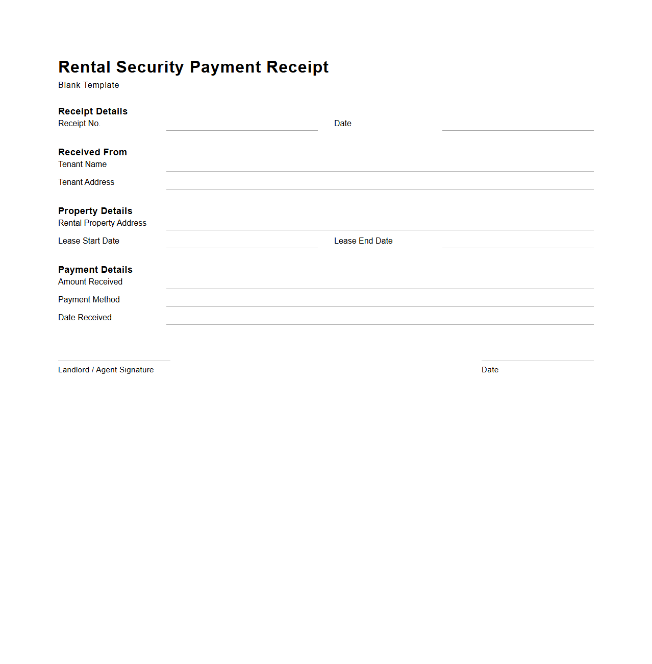 Rental Security Payment Receipt Template