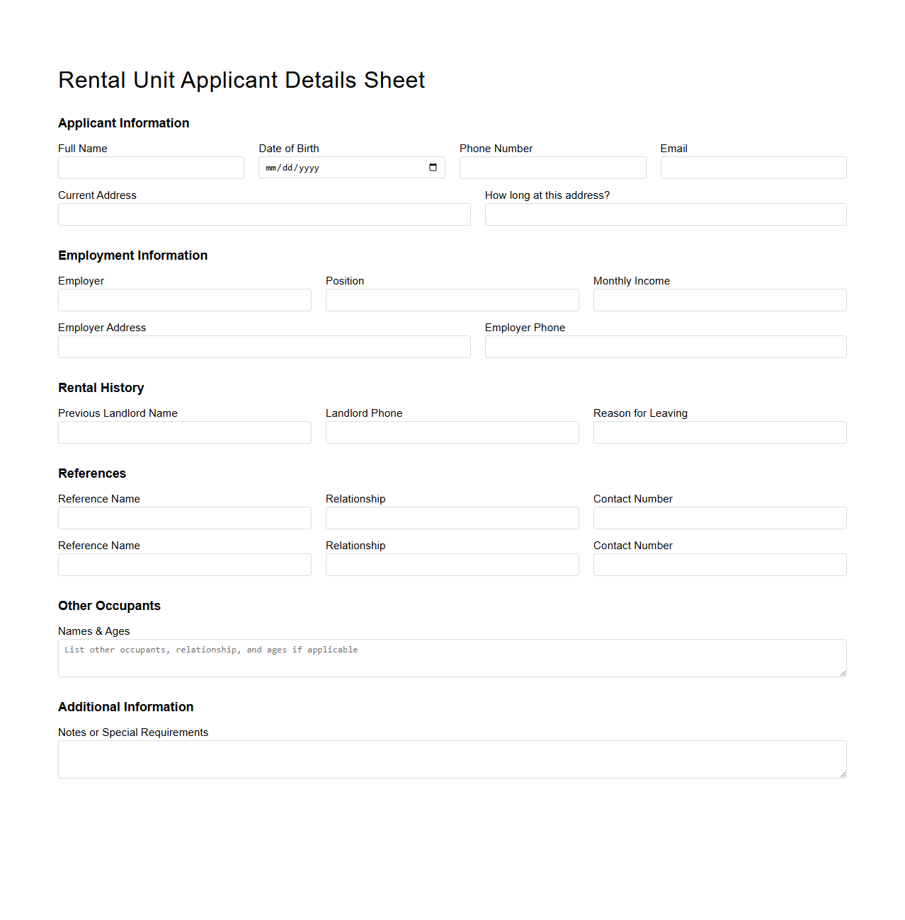 Rental Unit Applicant Details Sheet
