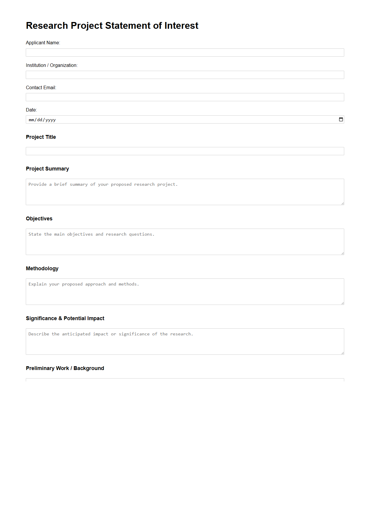 Research Project Statement of Interest Template for Grants