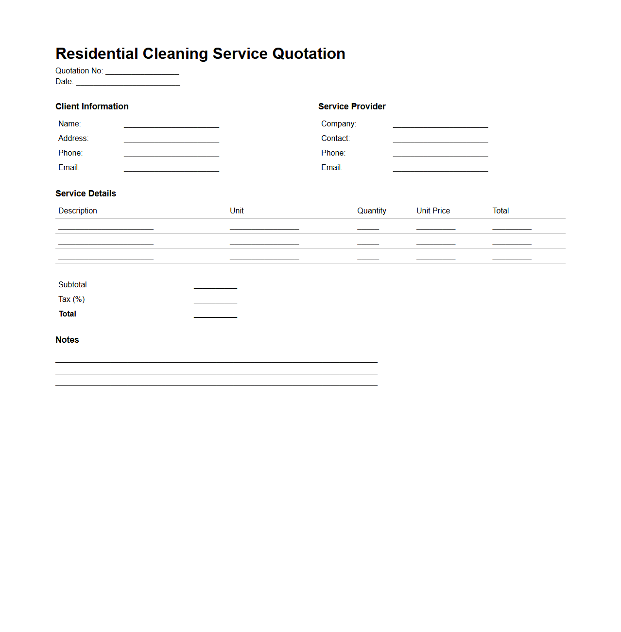 Residential Cleaning Service Quotation Template