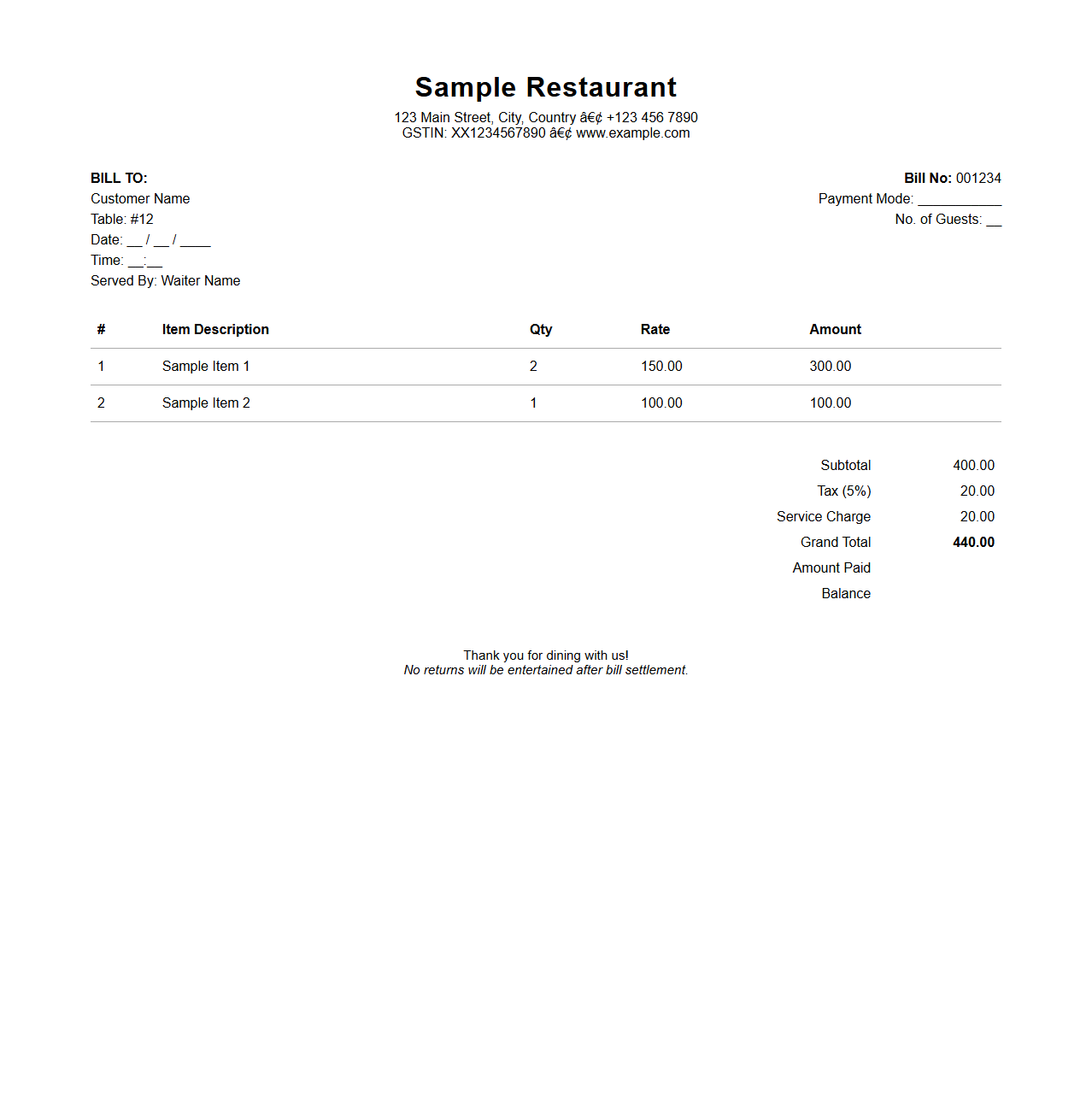 Restaurant Billing Statement Format