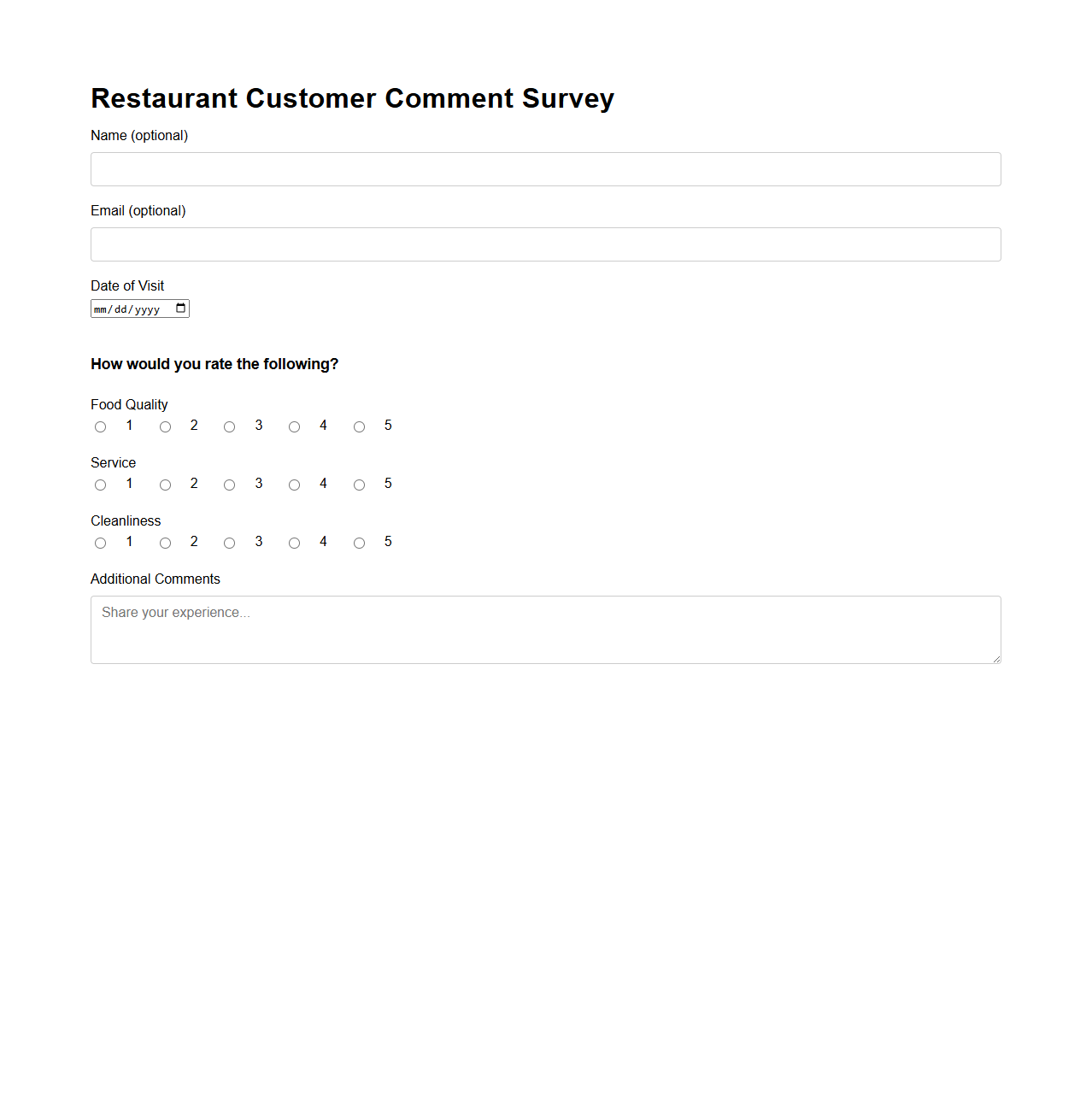 Restaurant Customer Comment Survey Form