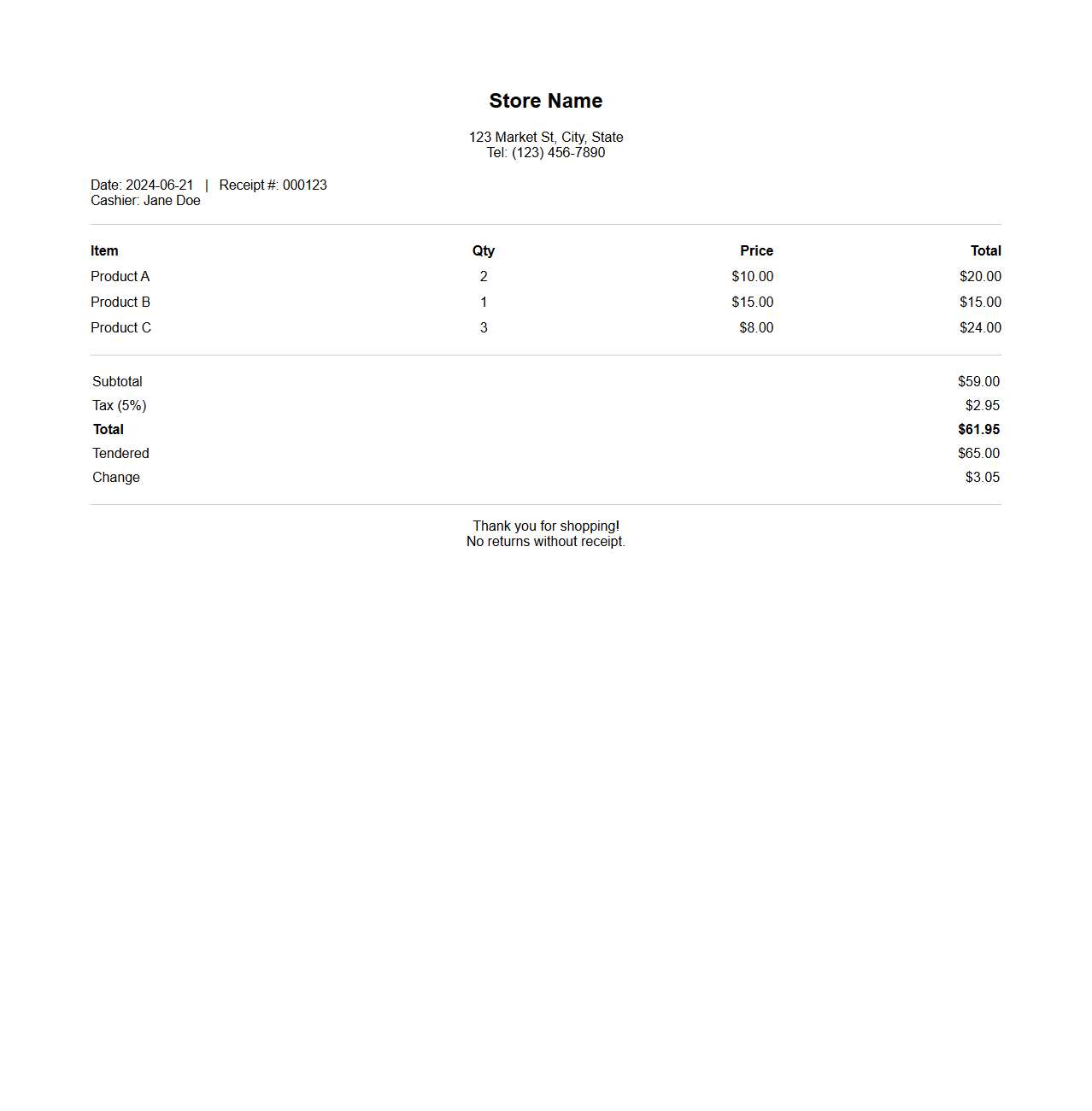 Retail Point of Sale Receipt Layout