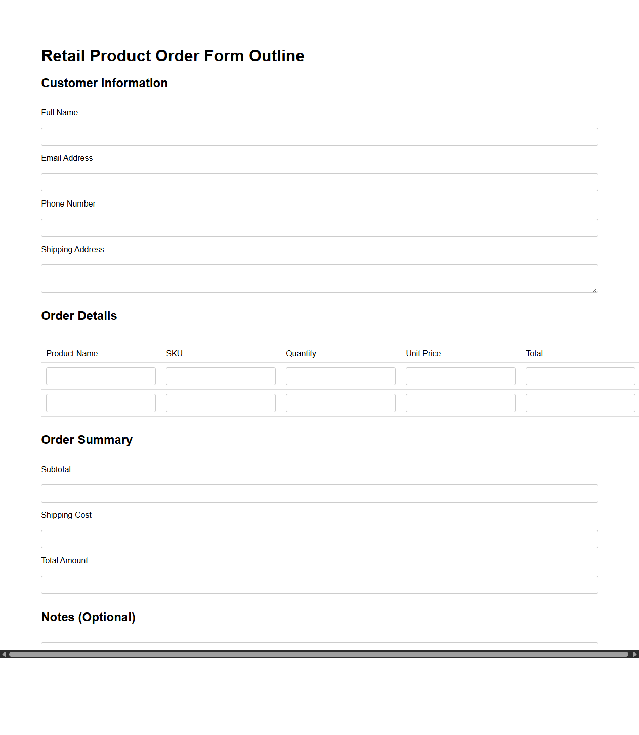 Retail Product Order Form Outline