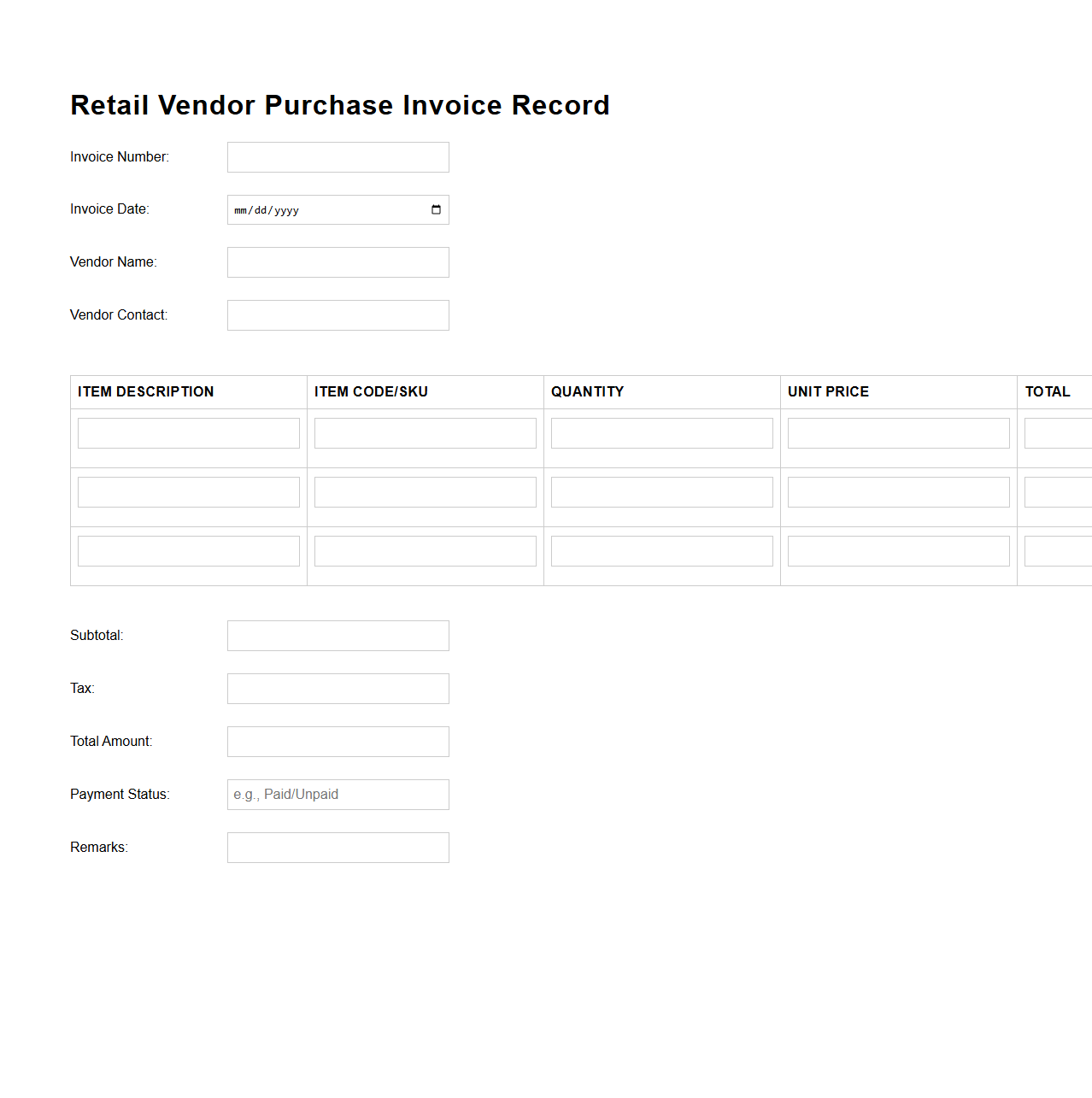 Retail Vendor Purchase Invoice Record Template