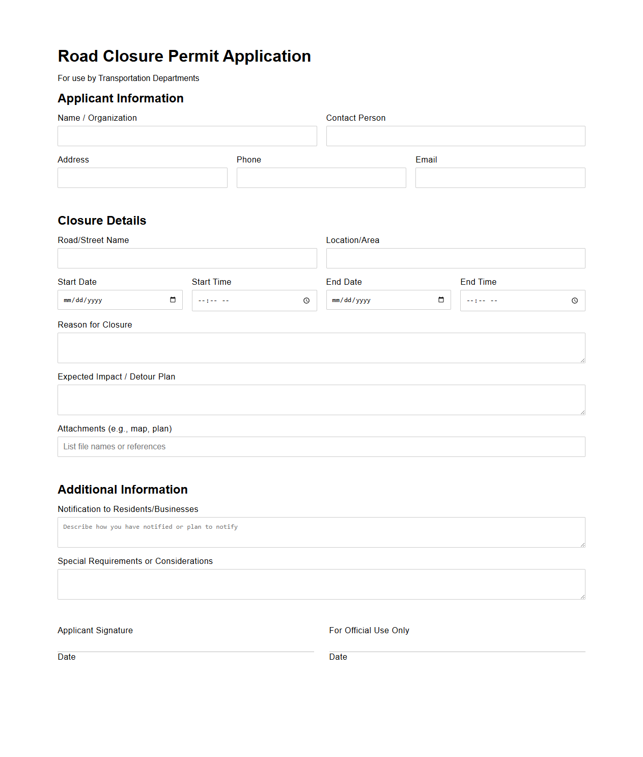 Road Closure Permit Application Template for Transportation Departments
