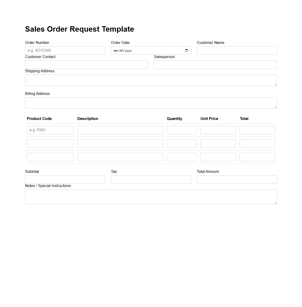 Sales Order Request Template