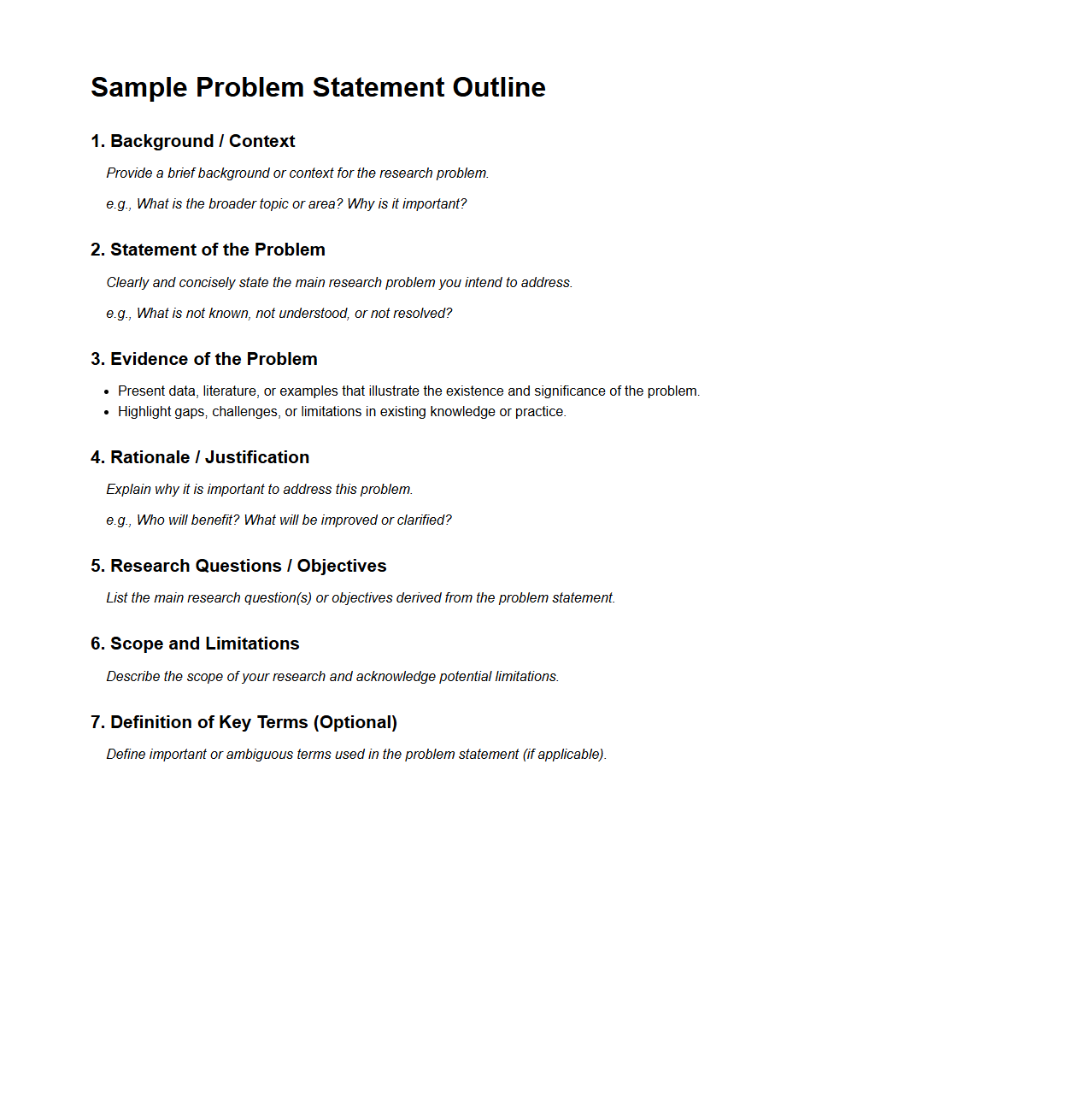 Sample Problem Statement Outline for Academic Research