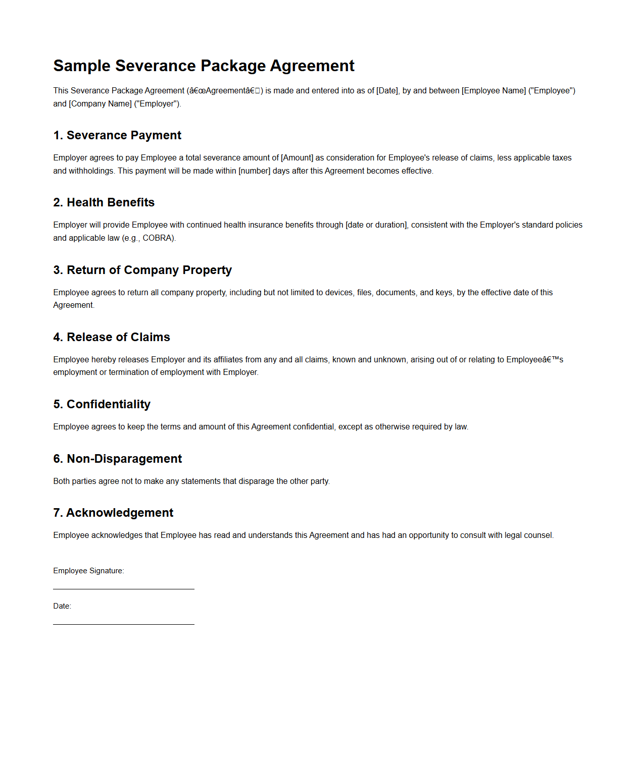 Sample Severance Package Agreement Document
