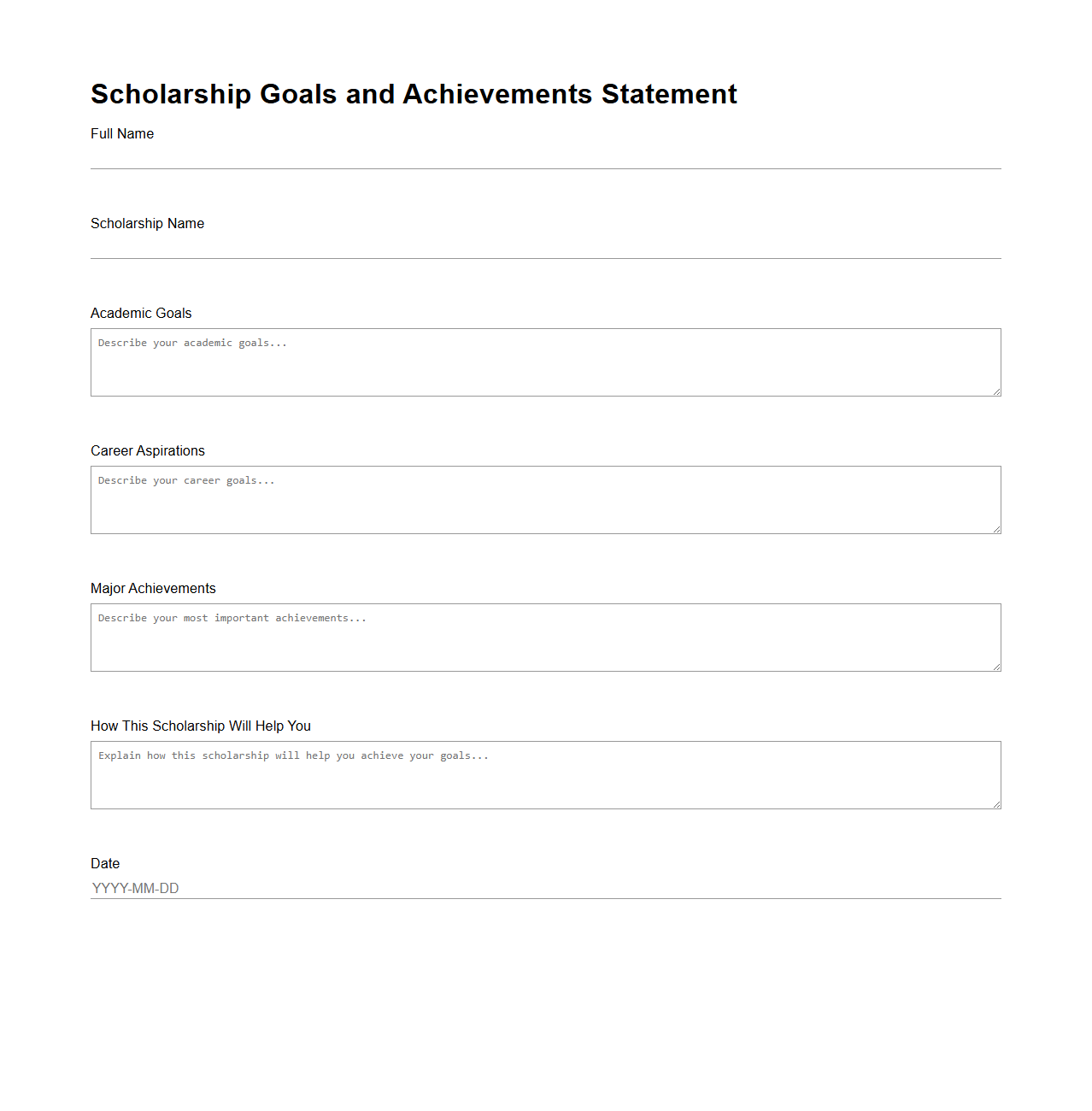 Scholarship Goals and Achievements Statement Sheet