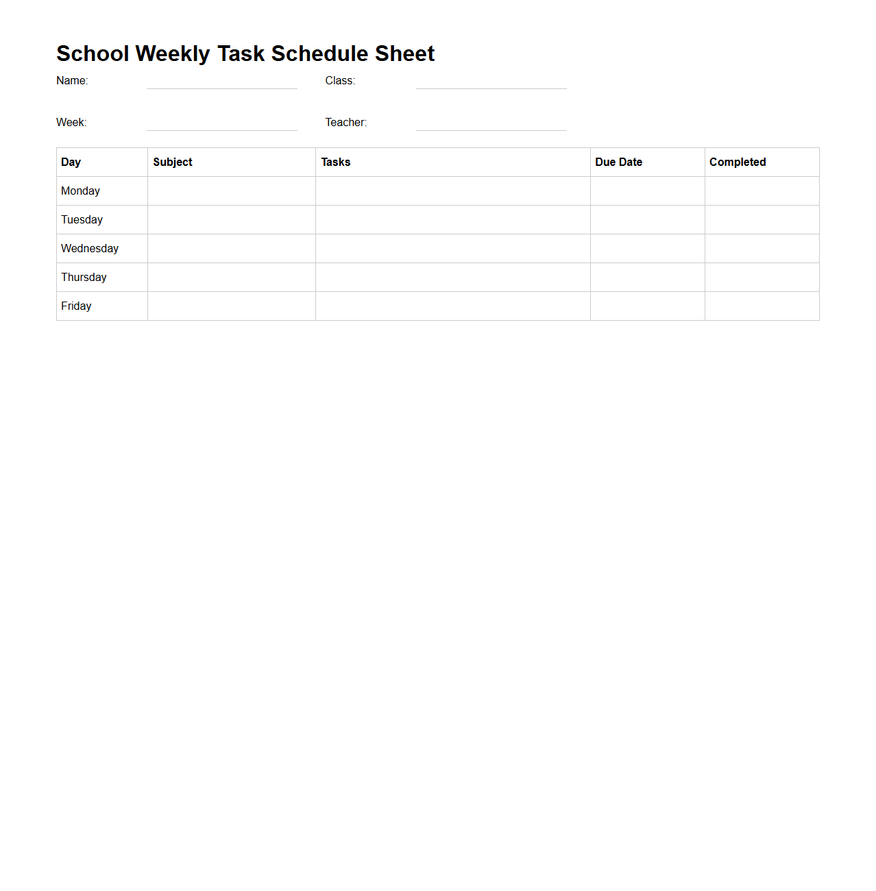 School Weekly Task Schedule Sheet