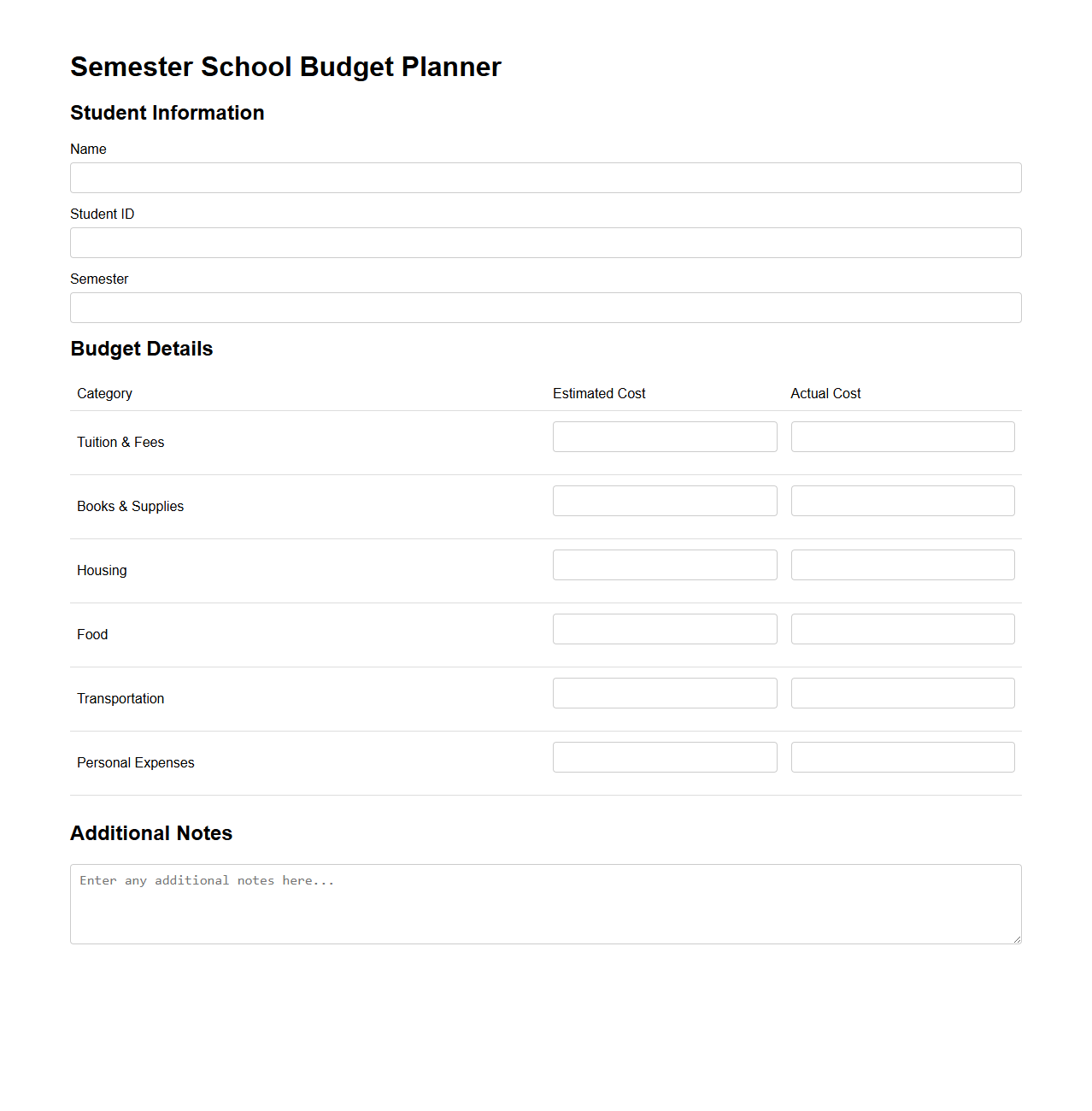 Semester School Budget Planner