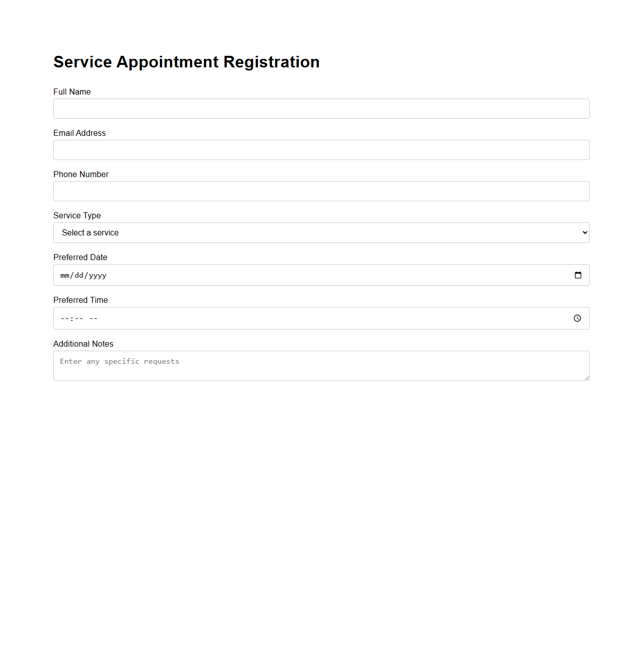Service Appointment Registration Template