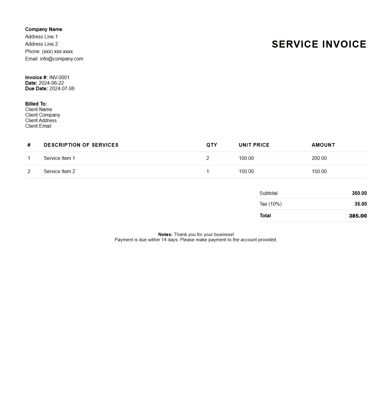 Service Invoice Layout for Small Enterprises