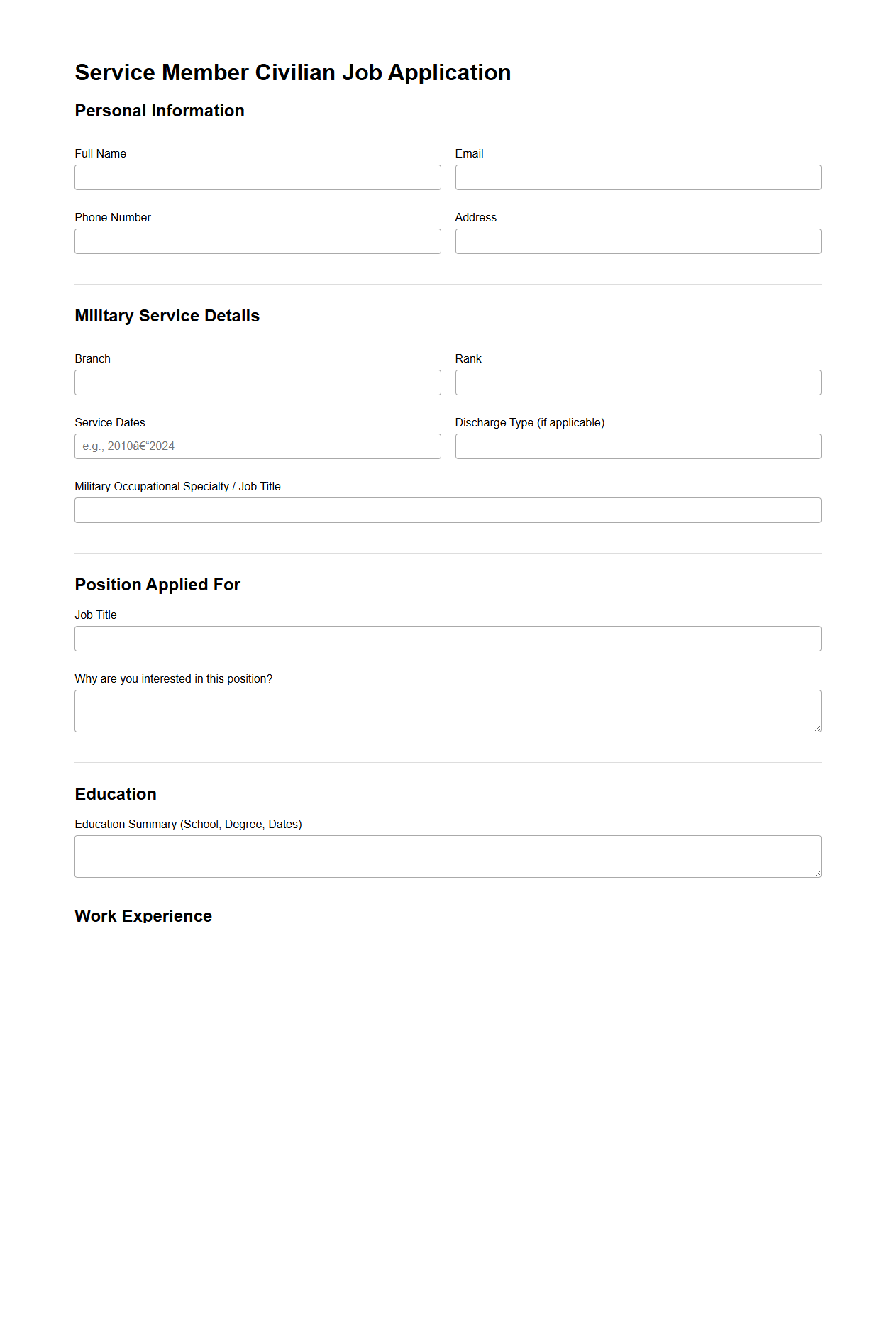 Service Member Civilian Job Application Template