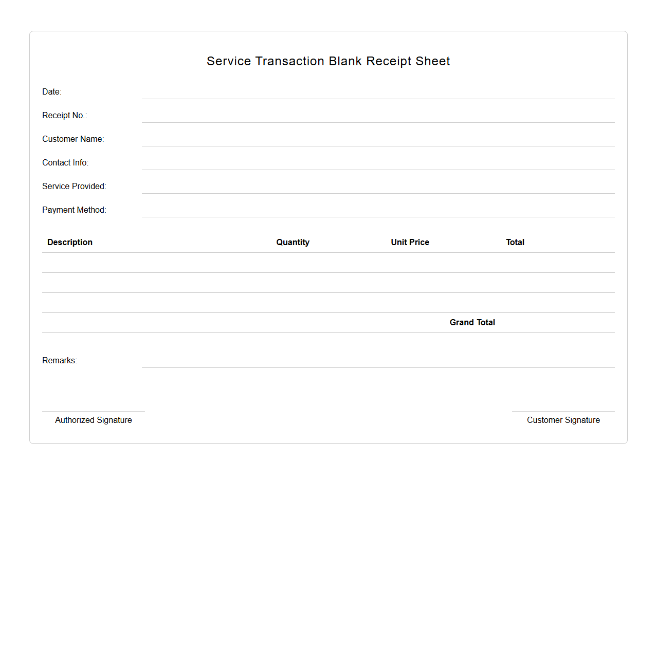 Service Transaction Blank Receipt Sheet