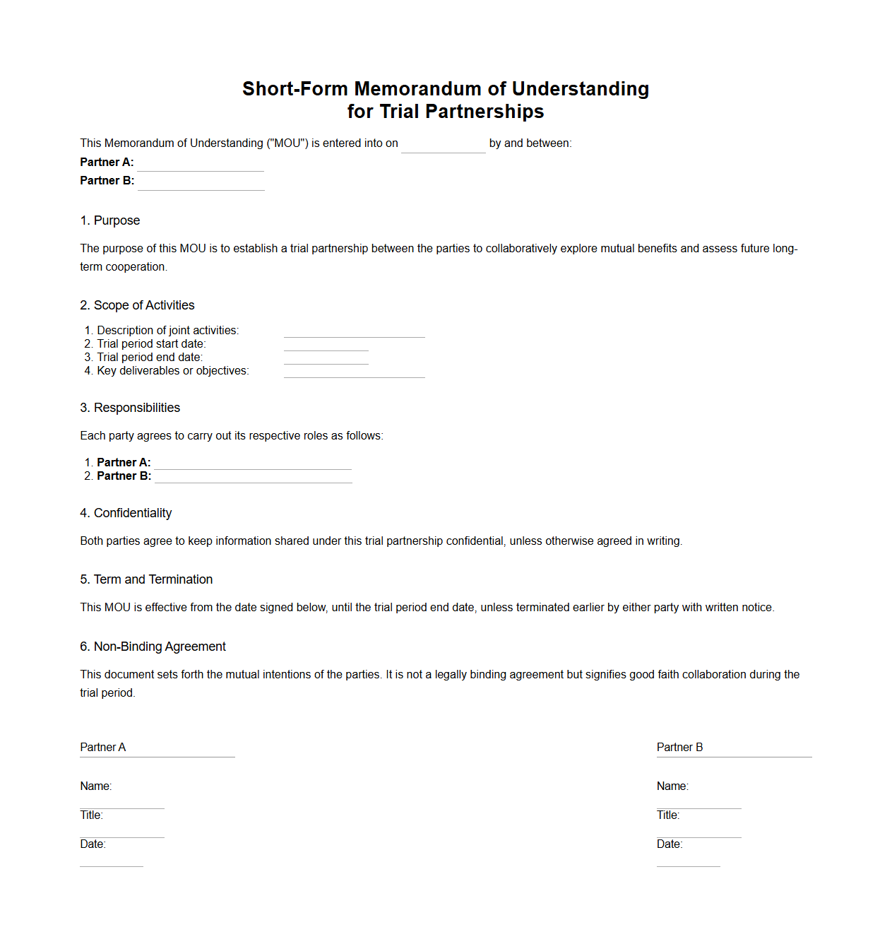 Short-Form Memorandum of Understanding for Trial Partnerships