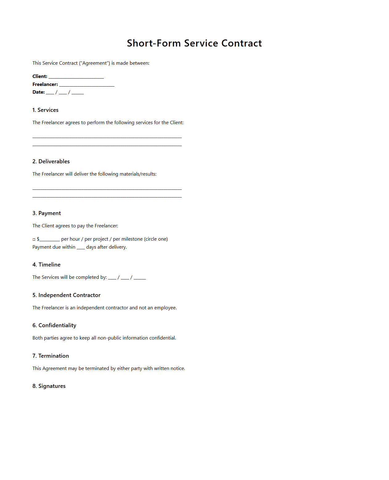 Short-Form Service Contract Template for Freelancers