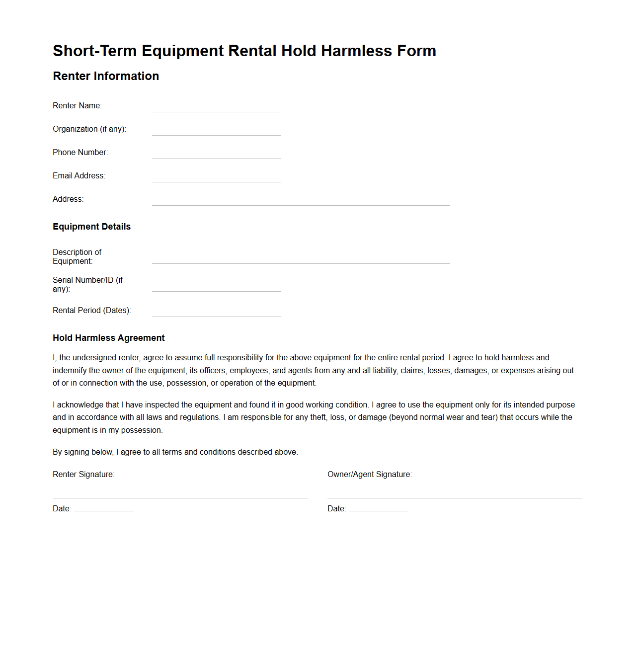Short-Term Equipment Rental Hold Harmless Form