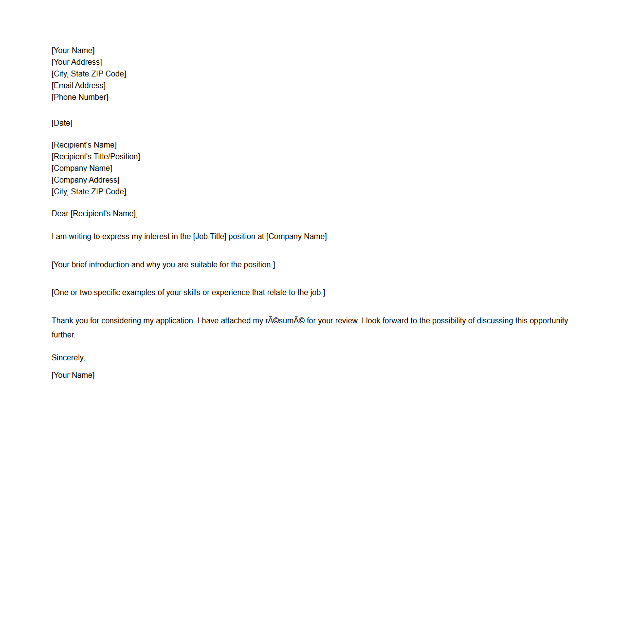 Simple Blank Cover Letter Template for Job Applications