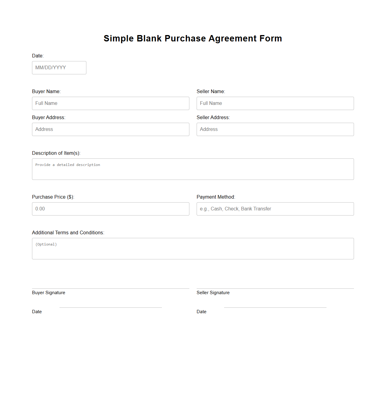 Simple Blank Purchase Agreement Form