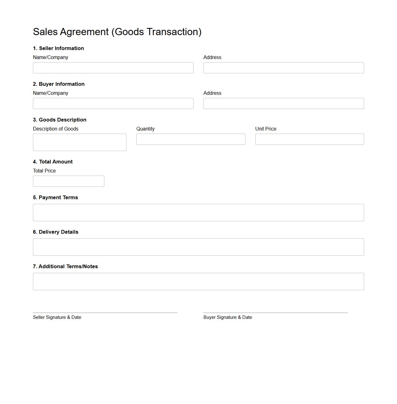 Simple Blank Sales Agreement Form for Goods Transactions