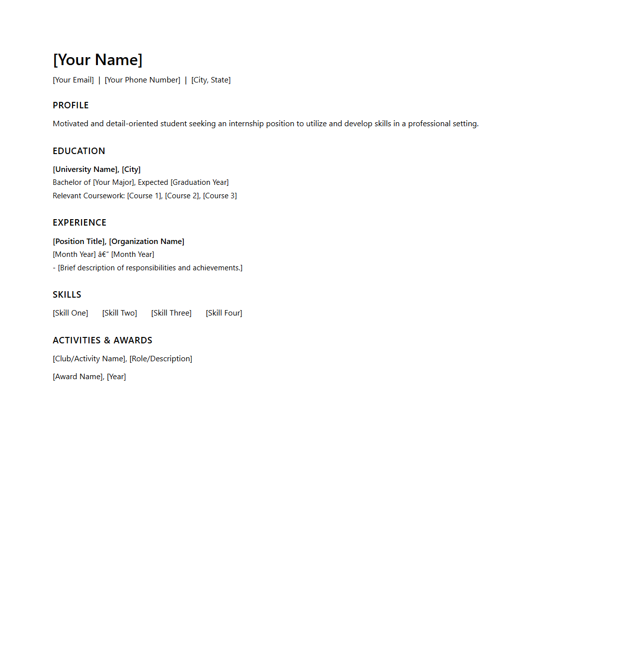 Simple Blank Student CV for Internship Roles