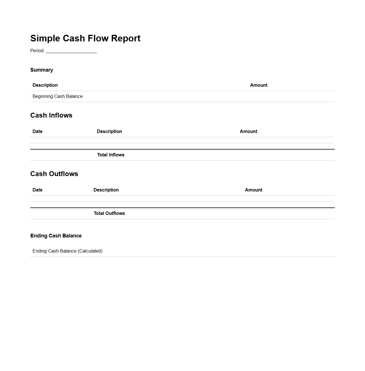 Simple Cash Flow Report Outline for Finance Tracking