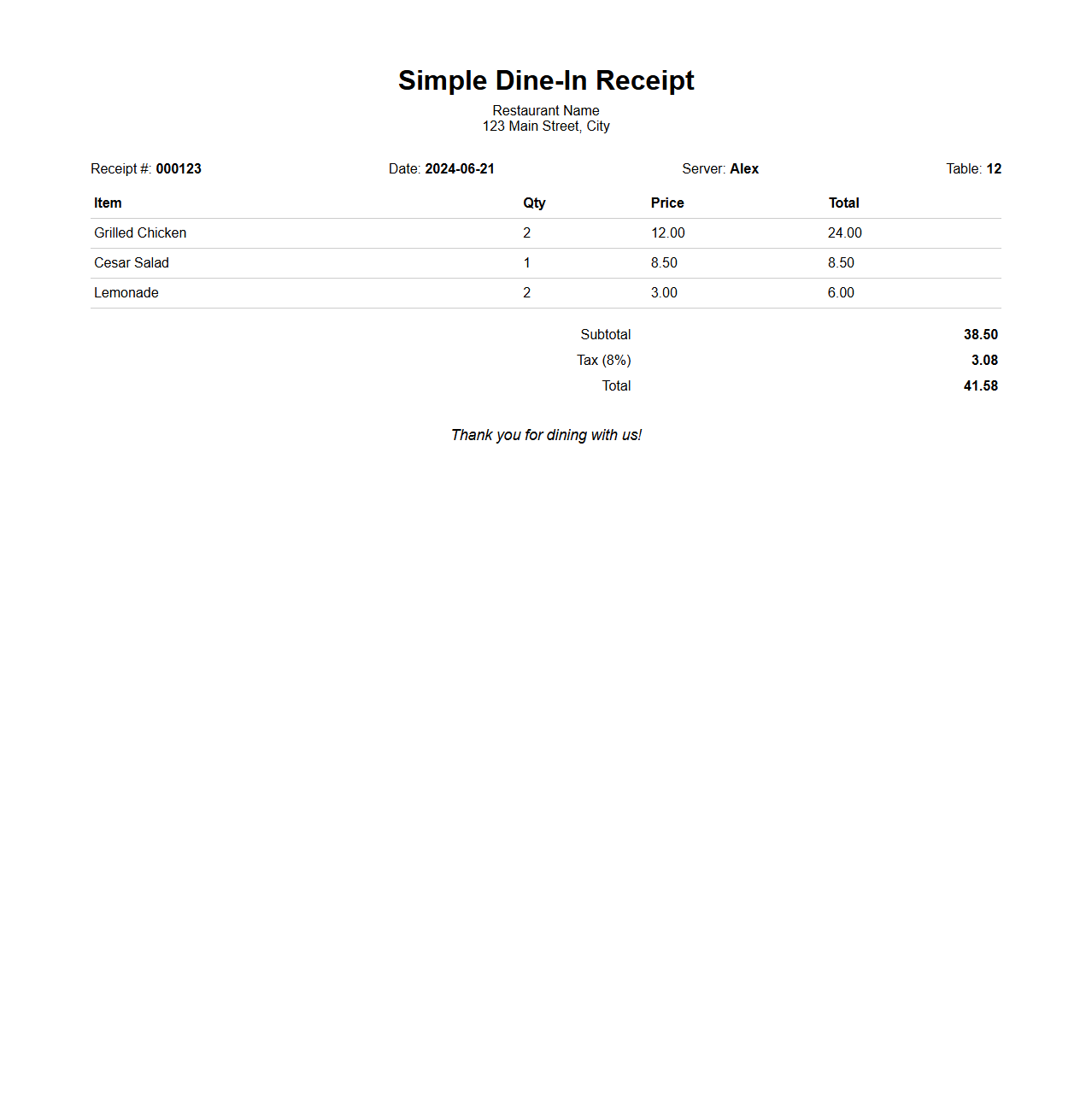 Simple Dine-In Receipt Template for Food Orders