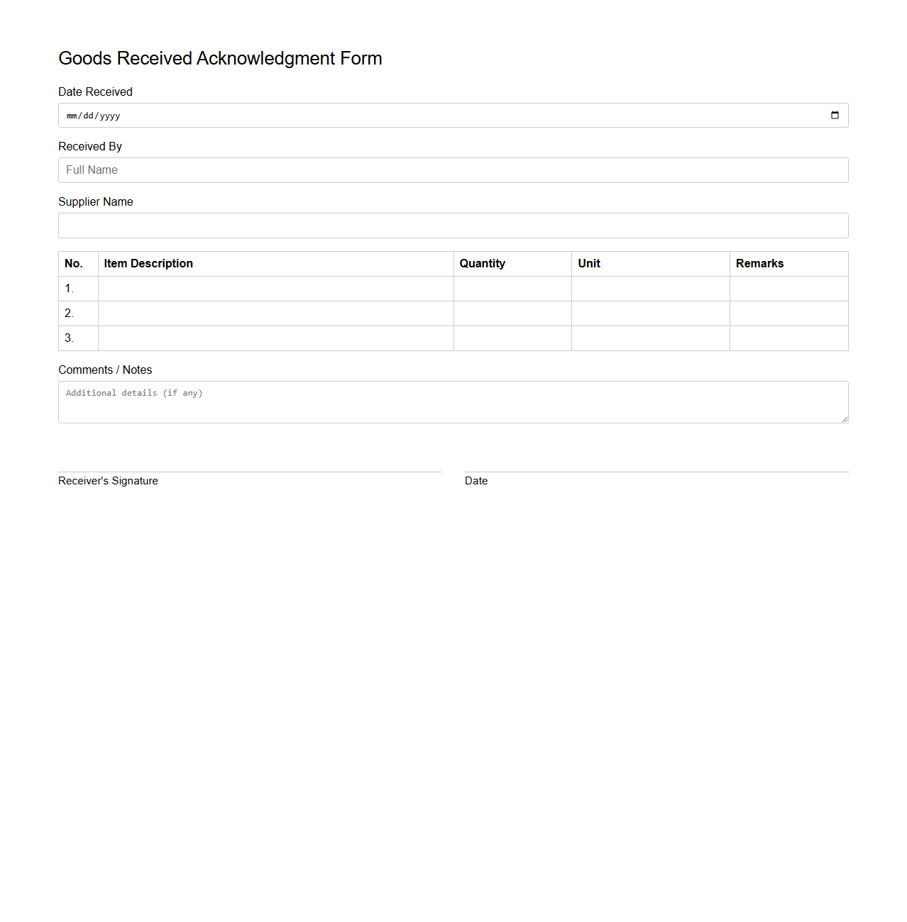 Simple Goods Received Acknowledgment Form