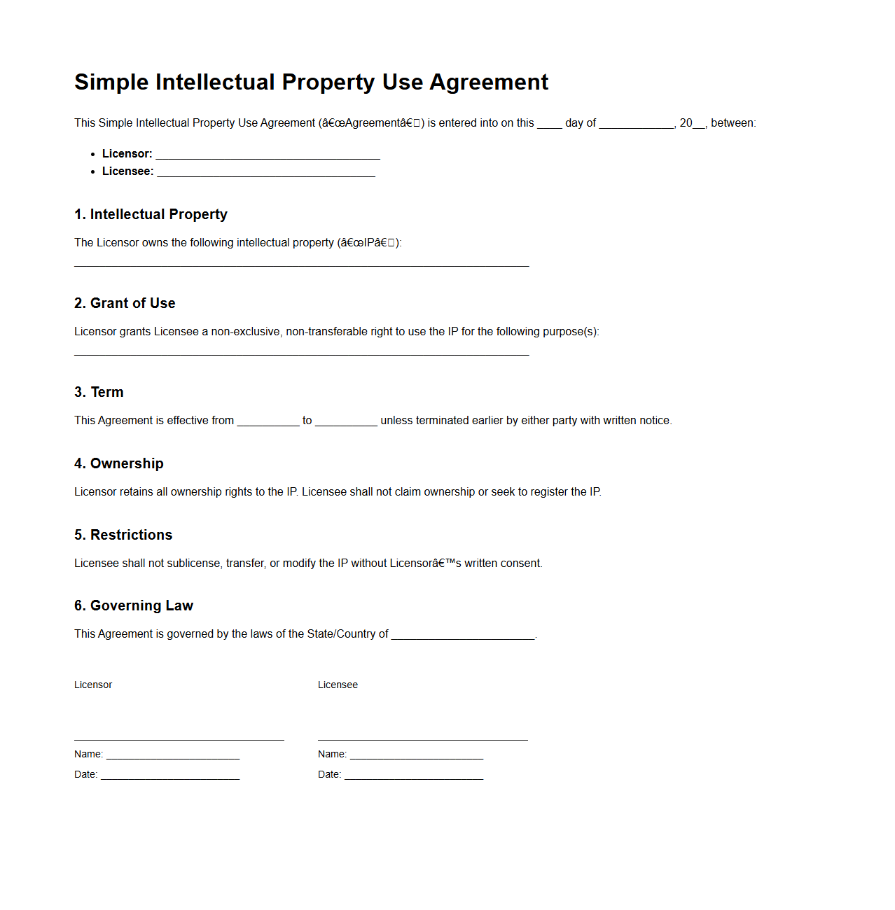 Simple Intellectual Property Use Agreement