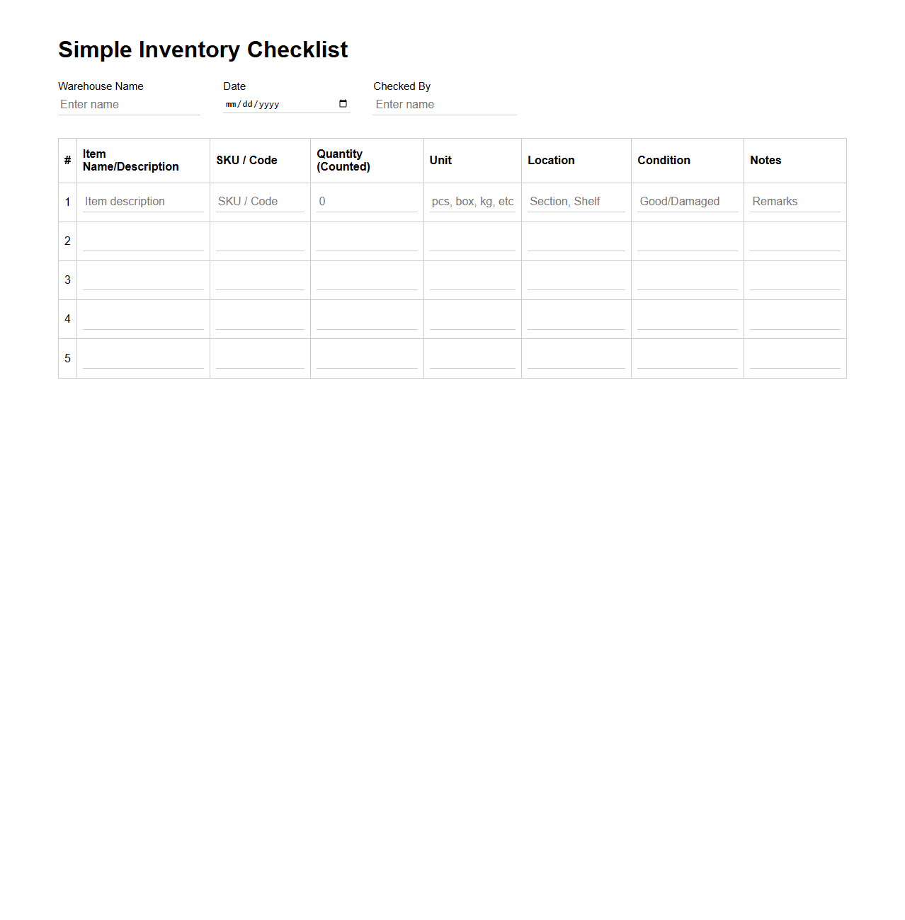 Simple Inventory Checklist Template for Warehouse Organization