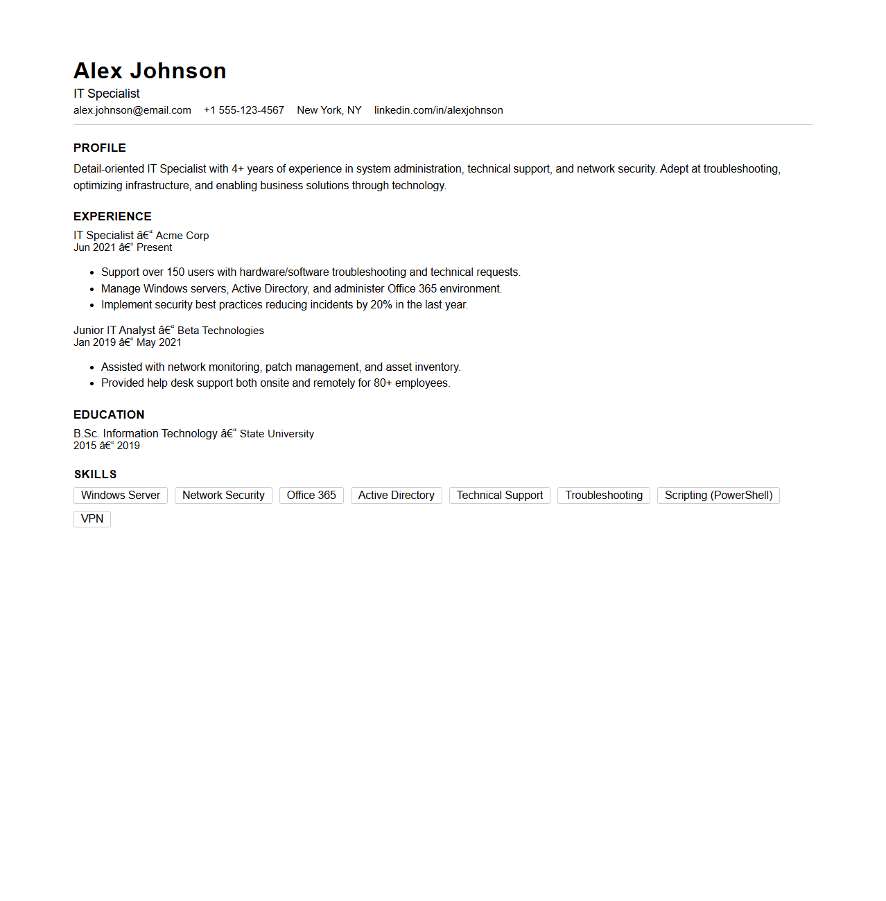 Simple IT Specialist Resume Template