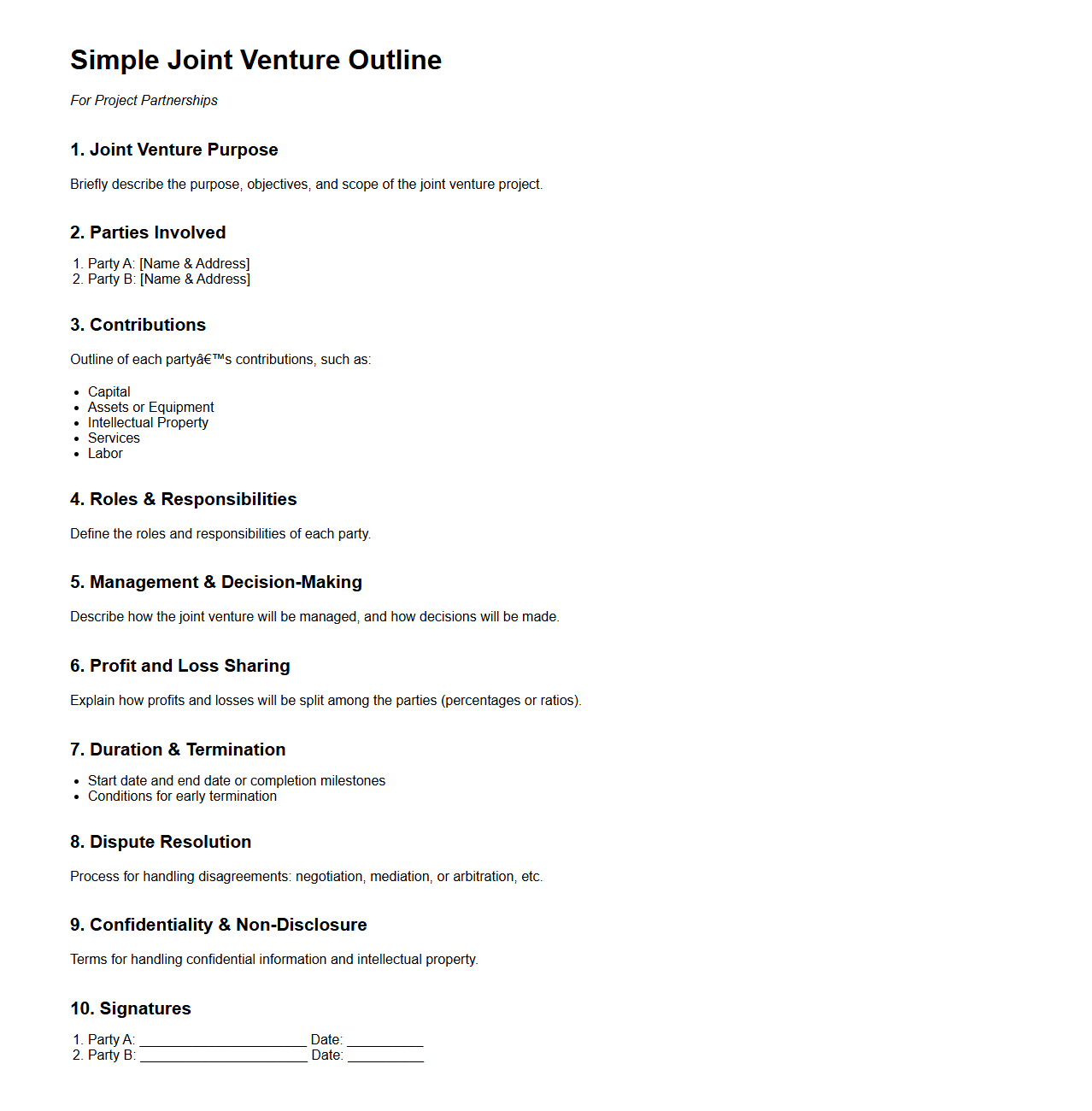 Simple Joint Venture Outline for Project Partnerships