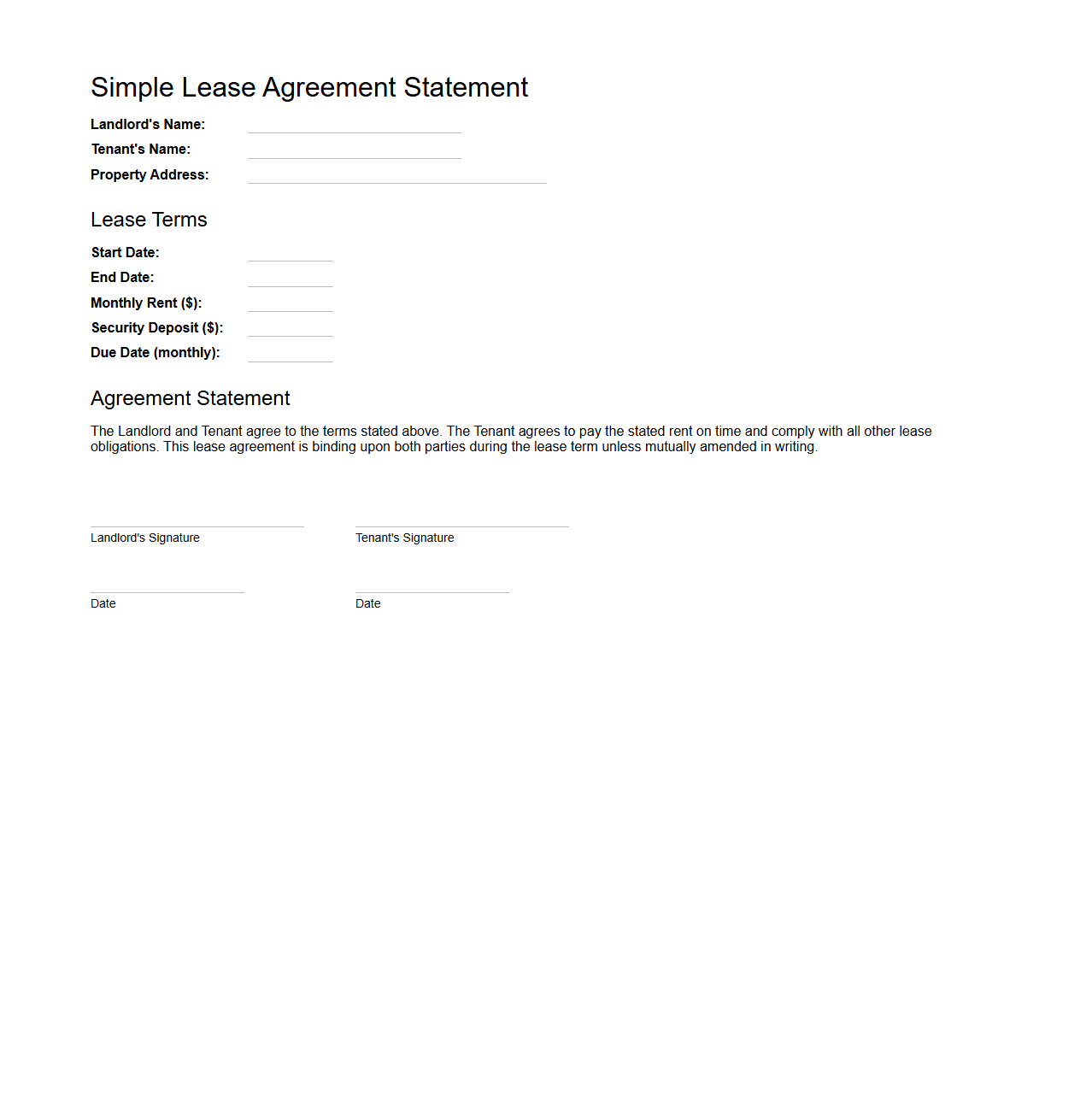 Simple Lease Agreement Statement Template