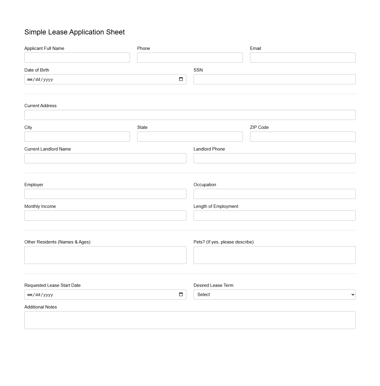 Simple Lease Application Sheet