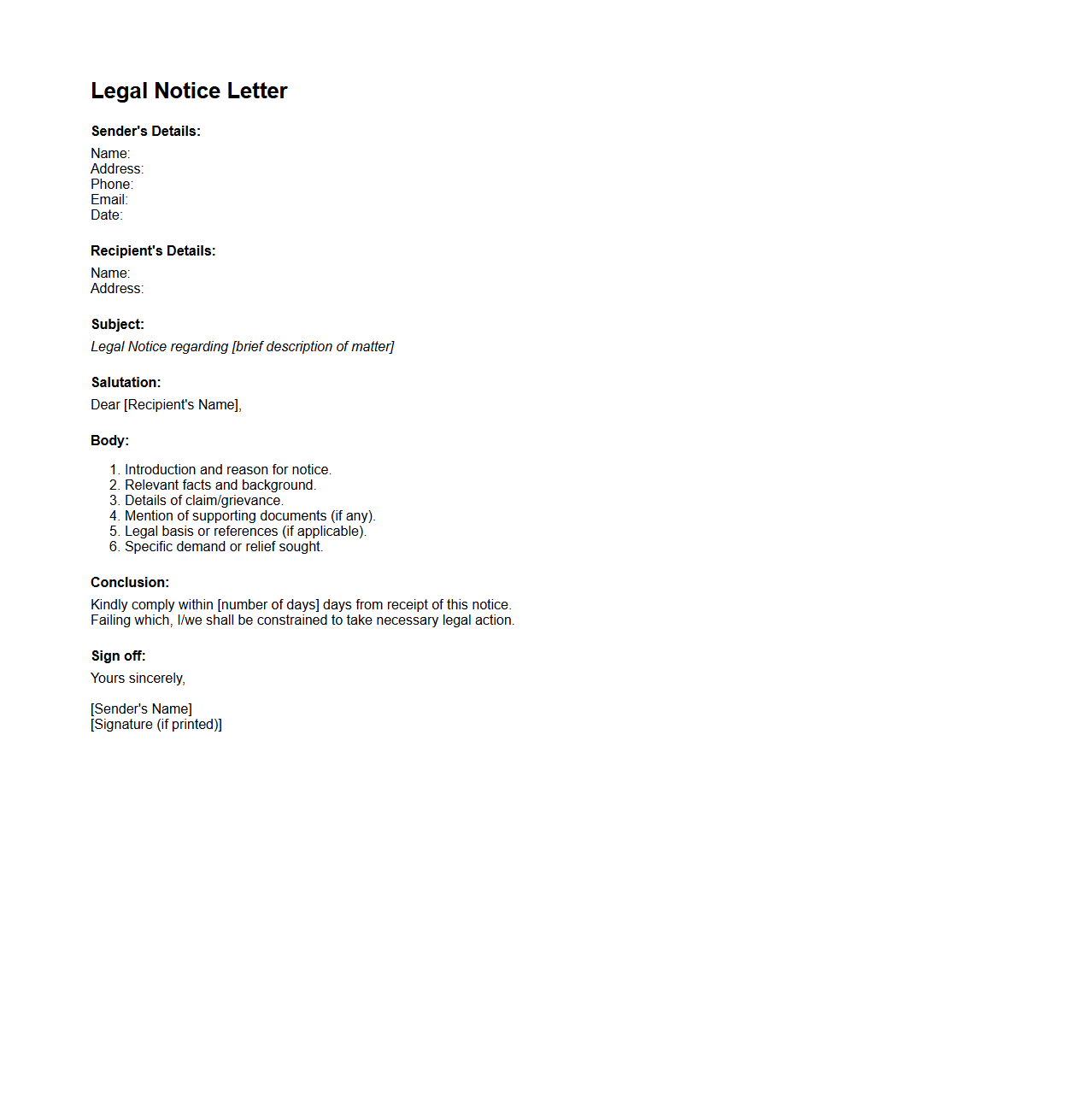 Simple Legal Notice Letter Outline