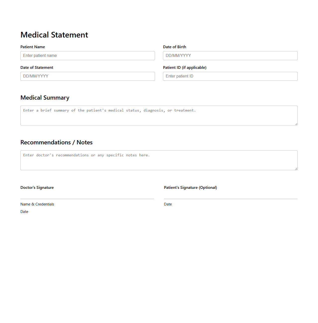 Simple Medical Statement Format for Patients