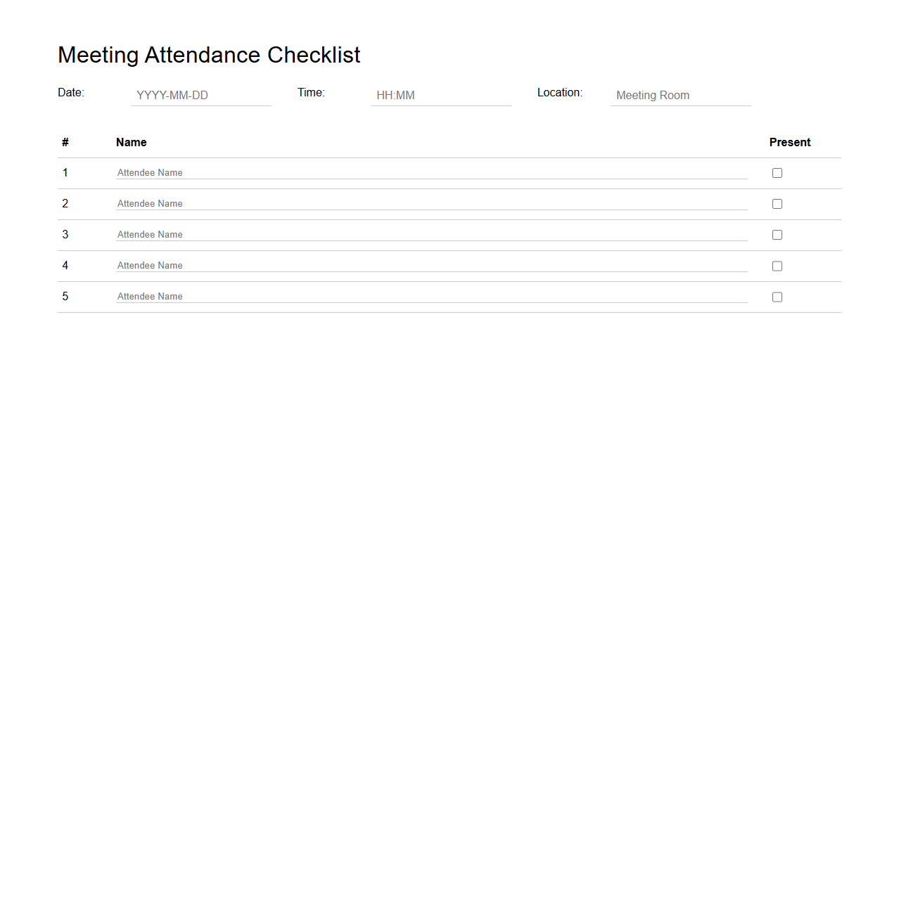 Simple Meeting Attendance Checklist Template