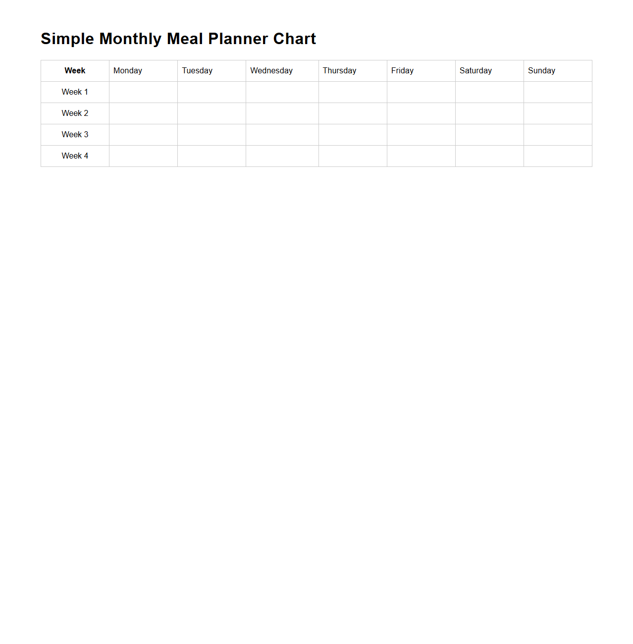 Simple Monthly Meal Planner Chart