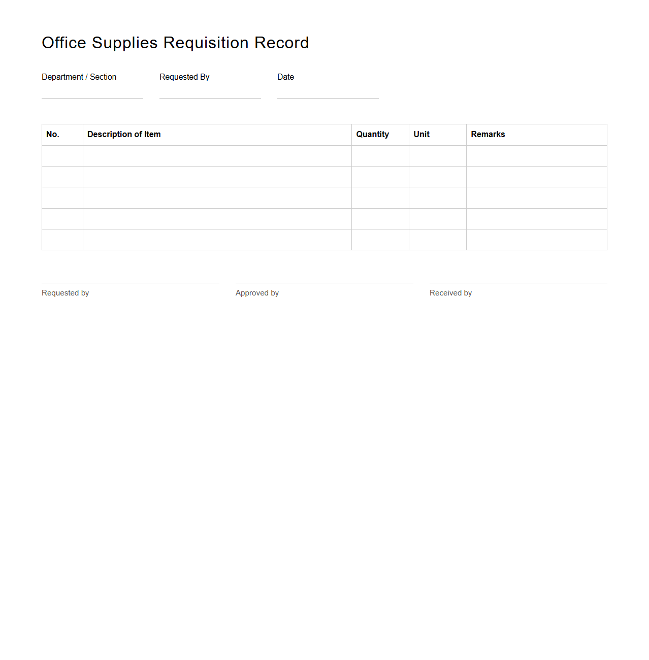 Simple Office Supplies Requisition Record