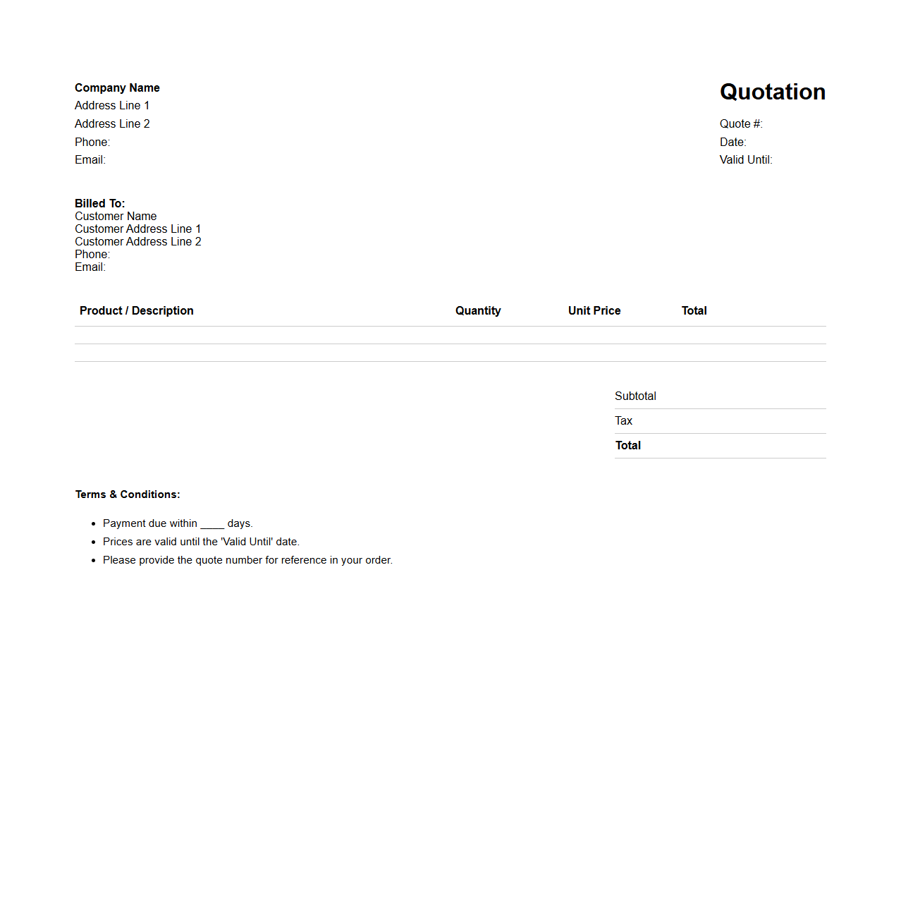 Simple Price Quotation Template for Product Sales