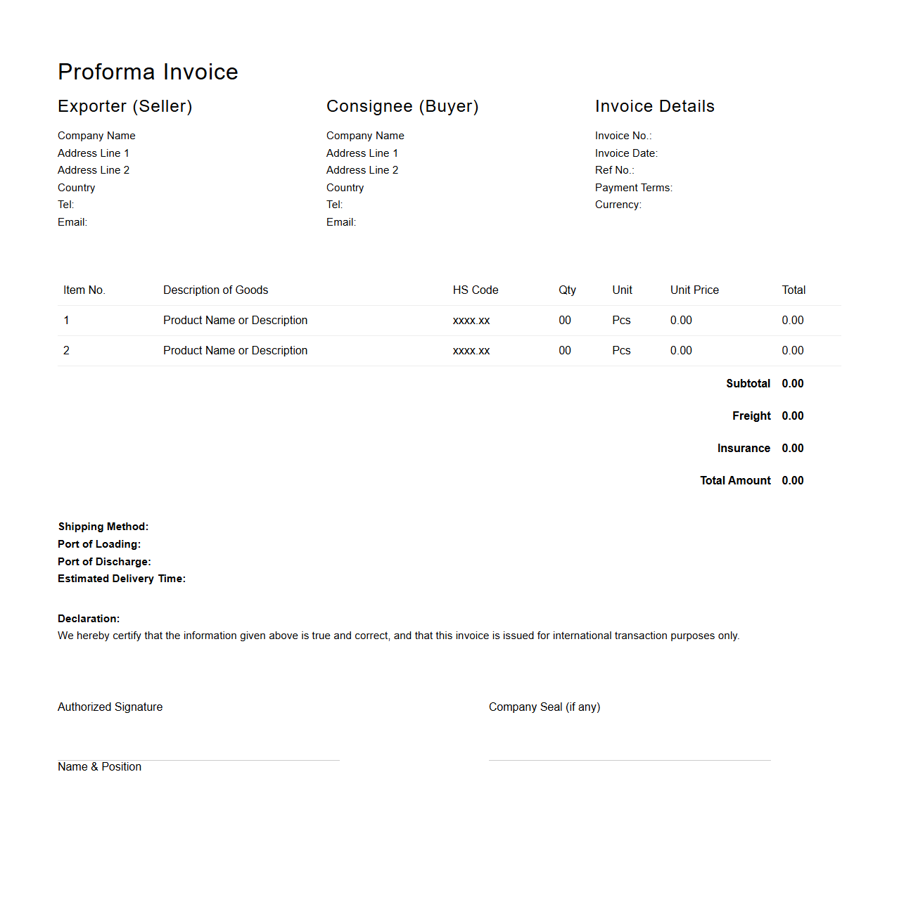 Simple Proforma Invoice Template for Overseas Transactions