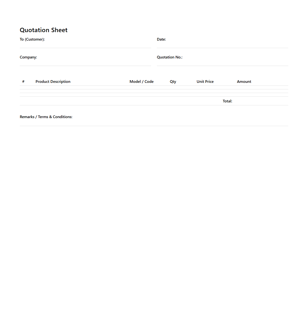 Simple Quotation Sheet Template for Product Inquiries