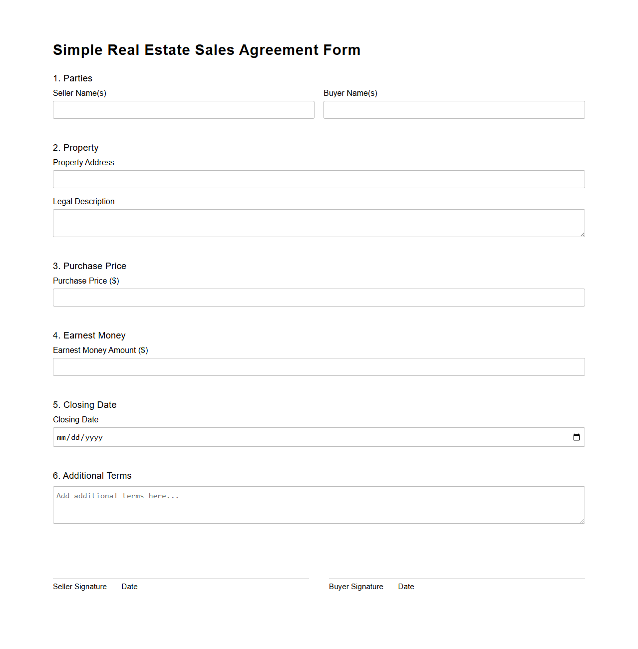 Simple Real Estate Sales Agreement Form